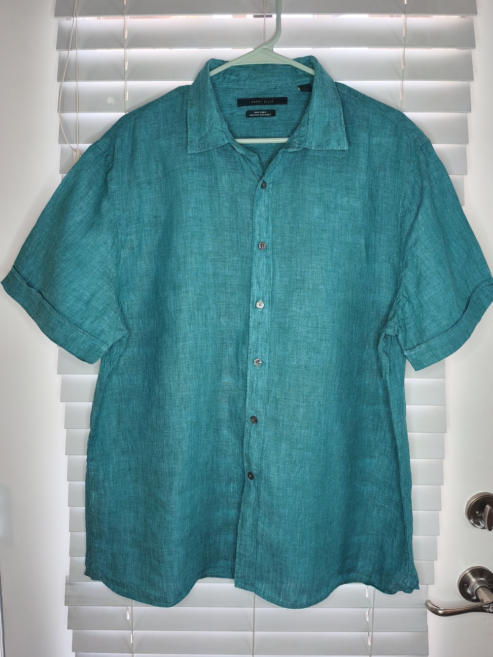 Perry Ellis 100% Linen Button Up Shirt Mens XL Turquoise Blue Coastal Summer EUC